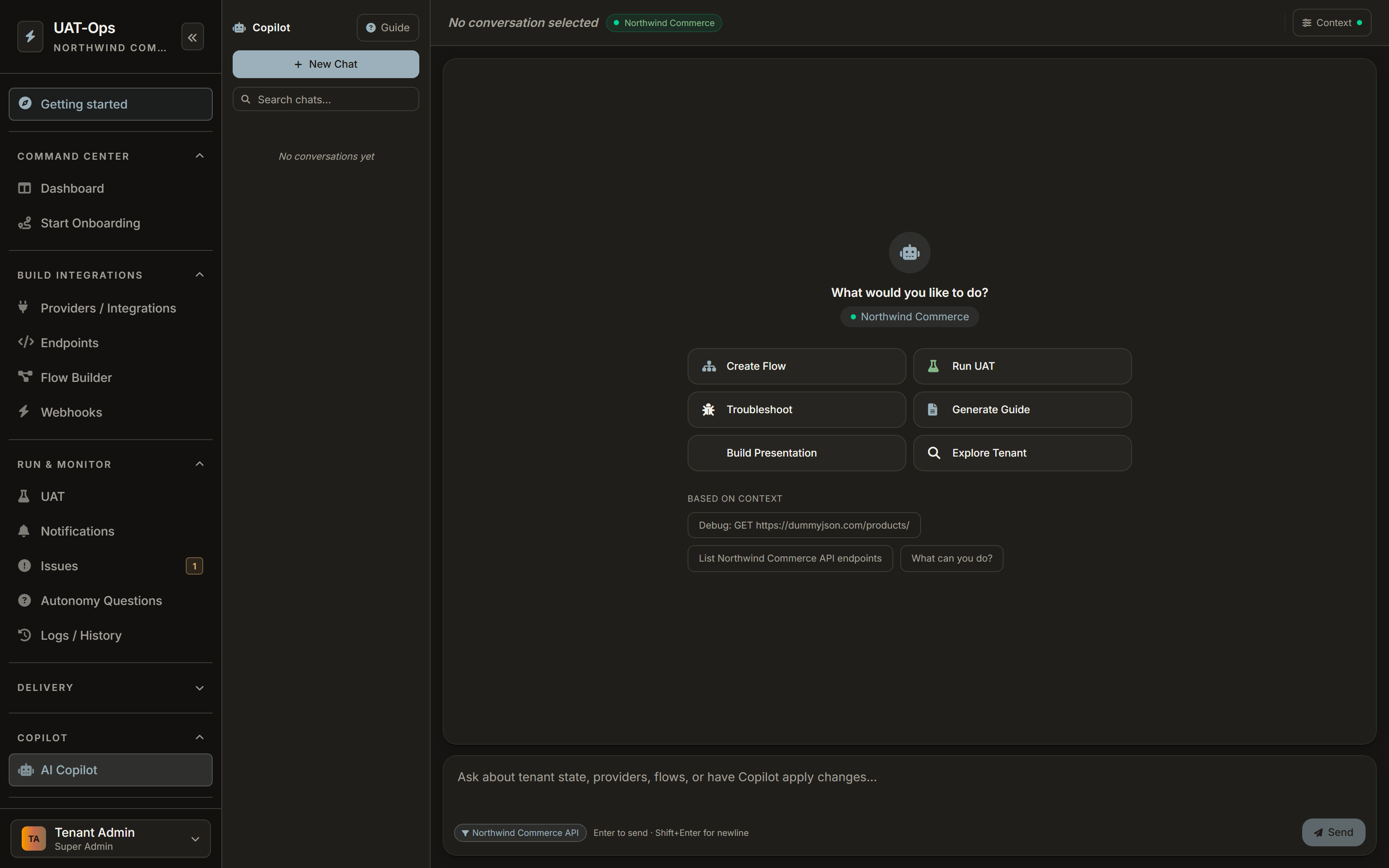 The Copilot workspace, scoped to a single tenant and provider, offering actions it is permitted to take.
