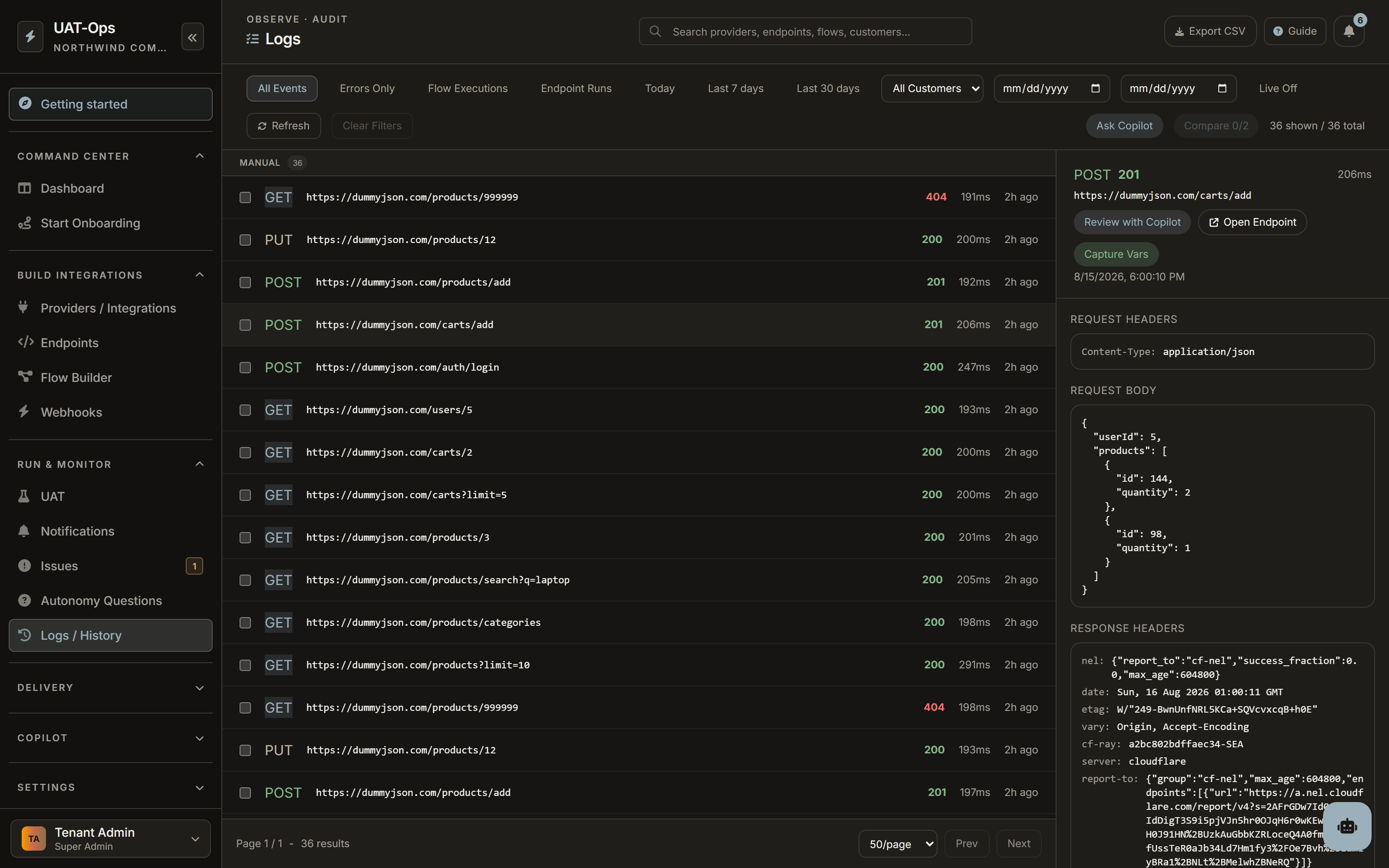 The execution log, showing thirty-six runs with status codes and durations, and one execution opened to reveal its recorded request and response headers.