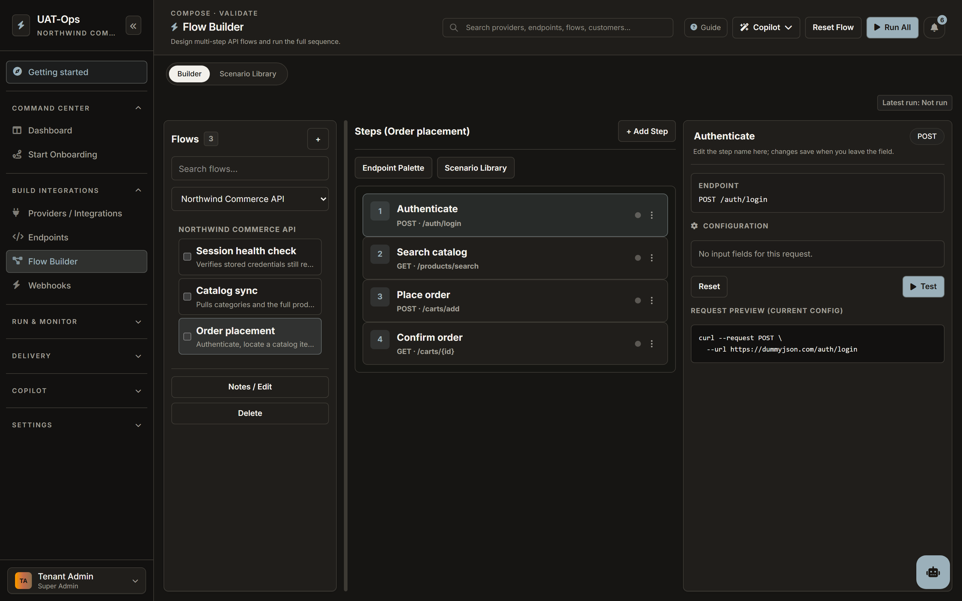 The Flow Builder, showing a four-step order placement flow with the selected step's endpoint and generated request preview.